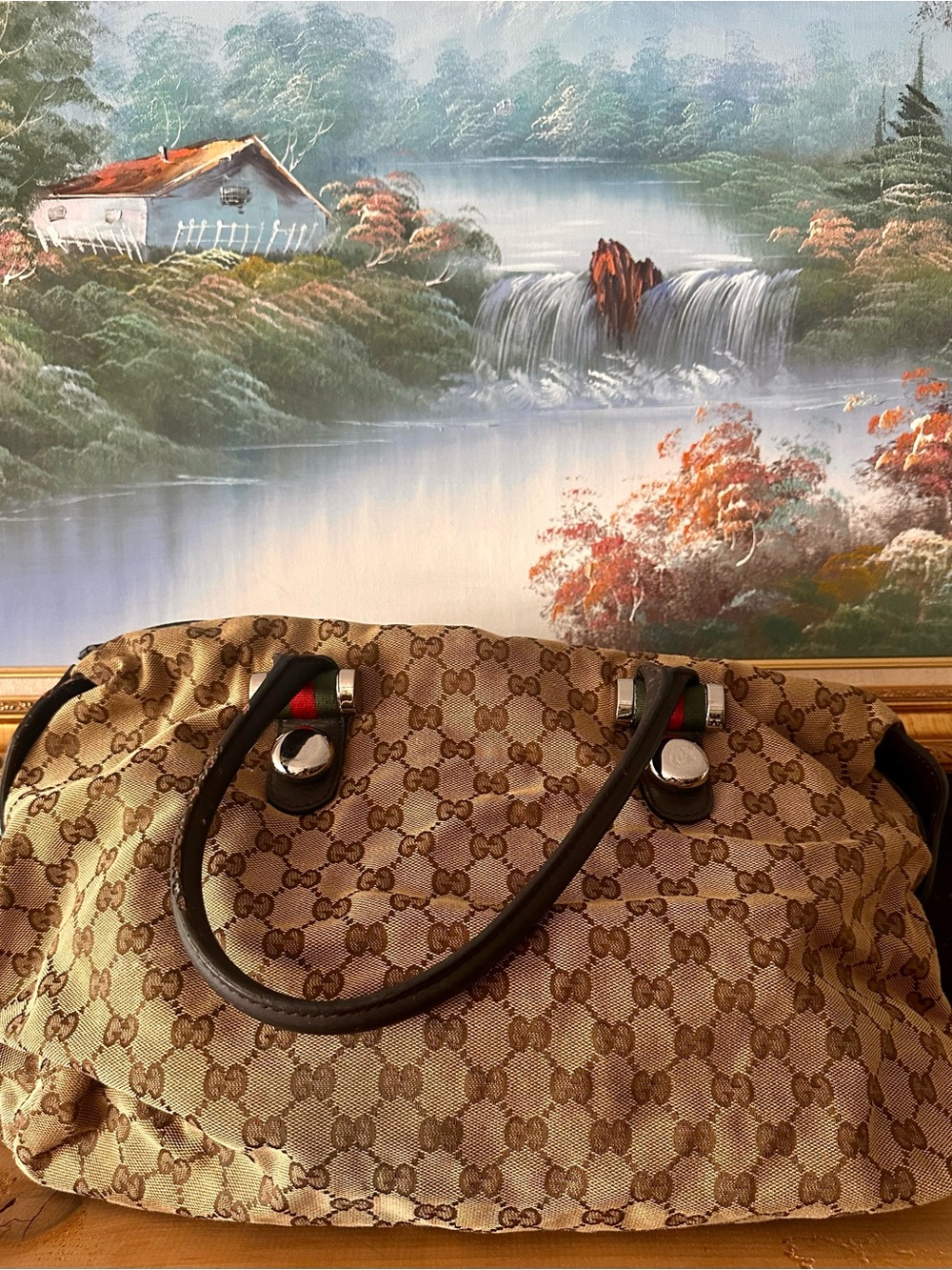 Gucci Beige Monogram Tote with Brown Leather Handles and Red/Green Web Accents